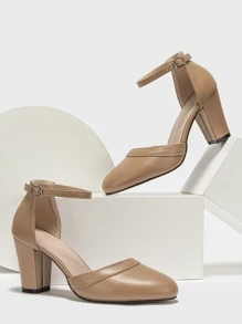 Stitch Detail Chunky Heeled Ankle Strap Pumps, Khaki Elegant Monochrome Ankle Strap Women's High Heels