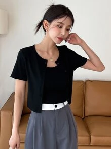 DAZY 肋編針織鈕扣前t恤及吊帶上衣 - 黑色 - 查看 6