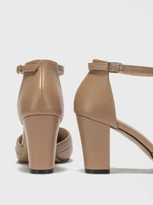 Stitch Detail Chunky Heeled Ankle Strap Pumps, Khaki Elegant Monochrome Ankle Strap Women's High Heels