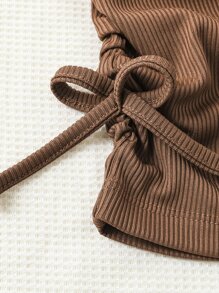 女孩愛心圖案側邊蝴蝶結褶邊連衣裙 - 棕色 - 查看 5