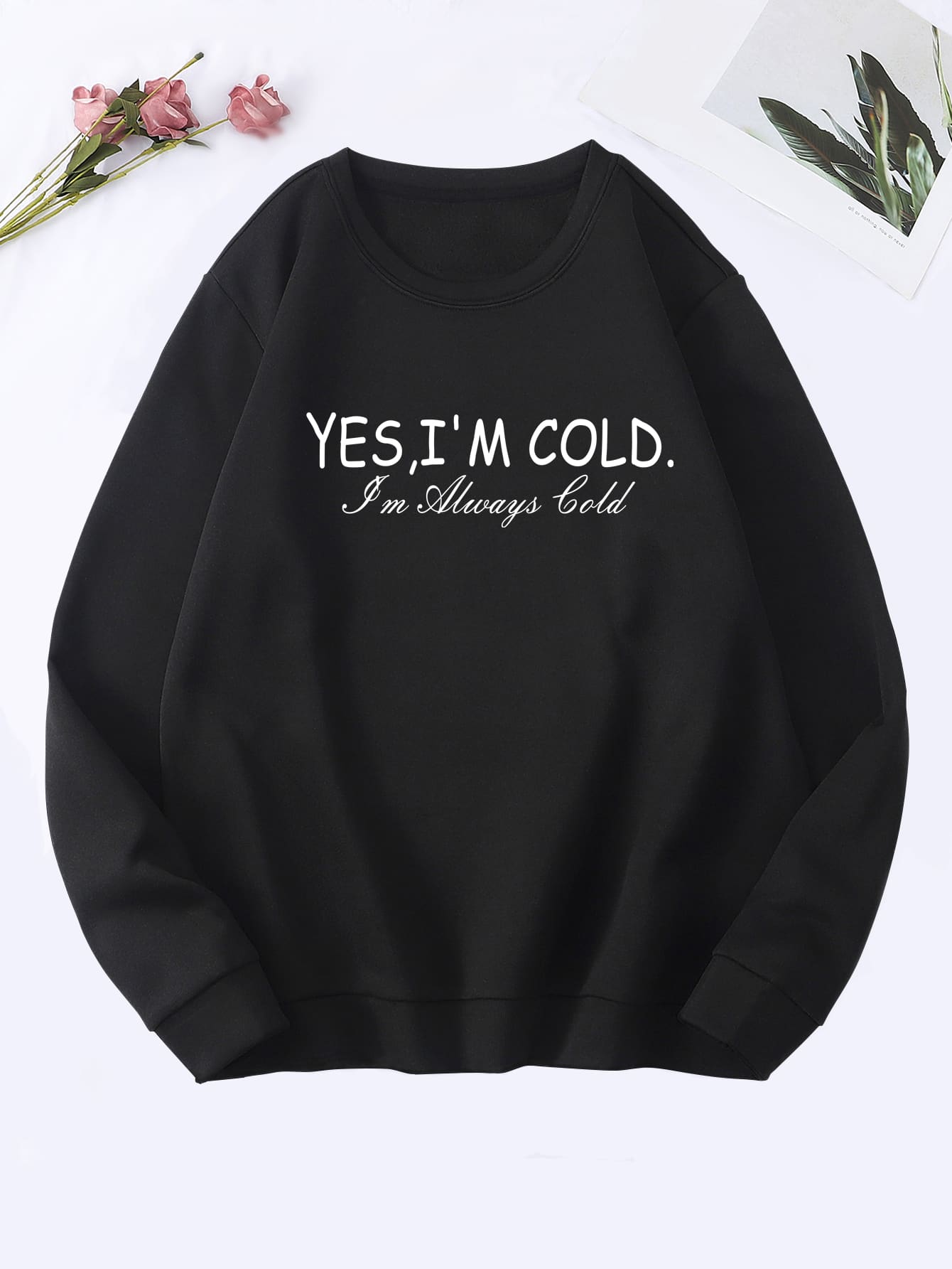 SHEIN Essnce Slogan Graphic Thermal Lined Pullover - Black - View 1