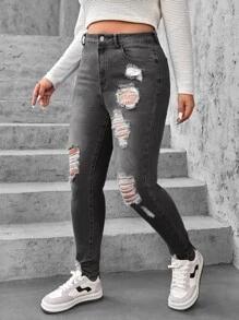 SHEIN EZwear Jeans ajustados desgarro de talle alto - Gris Oscuro - Ver 3