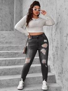 SHEIN EZwear Jeans ajustados desgarro de talle alto - Gris Oscuro - Ver 4