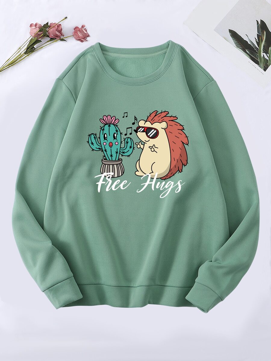 SHEIN EZwear Letter & Cartoon Graphic Thermal Lined Pullover - Mint Green - View 1