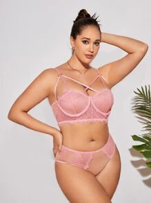 Plus Floral Lace Underwire Lingerie Set - Baby Pink - View 1