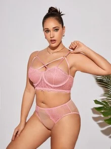 Plus Floral Lace Underwire Lingerie Set - Baby Pink - View 3