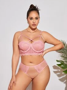 Plus Floral Lace Underwire Lingerie Set - Baby Pink - View 5