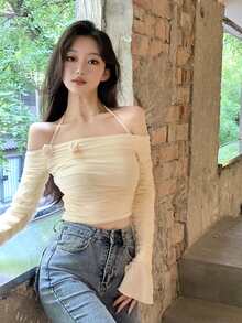 Camiseta crop unicolor estéreo flores fruncido - Albaricoque - Ver 1