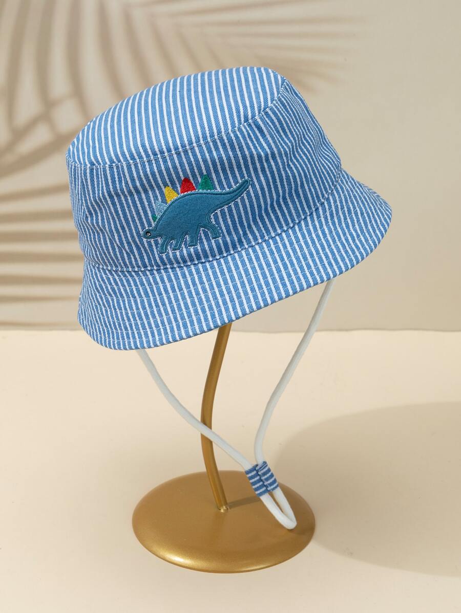 Niñitos Sombrero cubo con patrón de rayas con bordado de dinosaurio - Azul y blanco - Ver 1