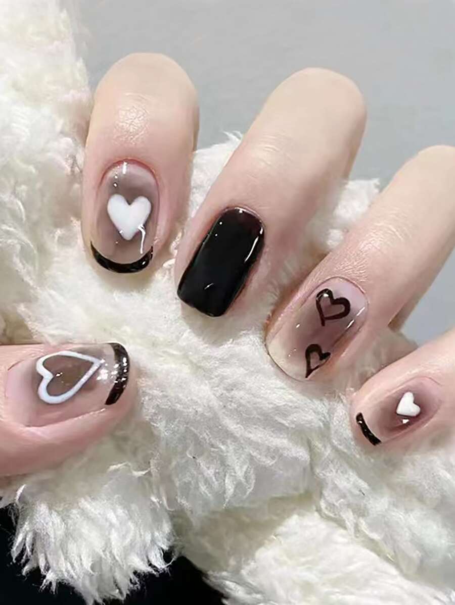 Get Glamorous With 24pcs Short Square Black Blush French Heart Pattern Fake Nail & 1pc Nail File & 1sheet Tape Press On Nails Nail Supplies - Black and White - View 1