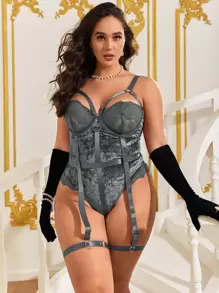 Plus 3pack Contrast Lace Cut Out Teddy Bodysuit Set - Grey - View 1