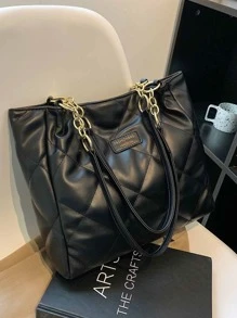 Quilted Pattern Letter Patch Shoulder Tote Bag, Eye-Catching Work Bags For Women - Black - View 2