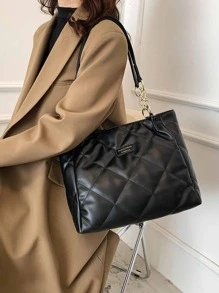Quilted Pattern Letter Patch Shoulder Tote Bag, Eye-Catching Work Bags For Women - Black - View 3