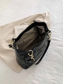 Quilted Pattern Letter Patch Shoulder Tote Bag, Eye-Catching Work Bags For Women - Black - View 4