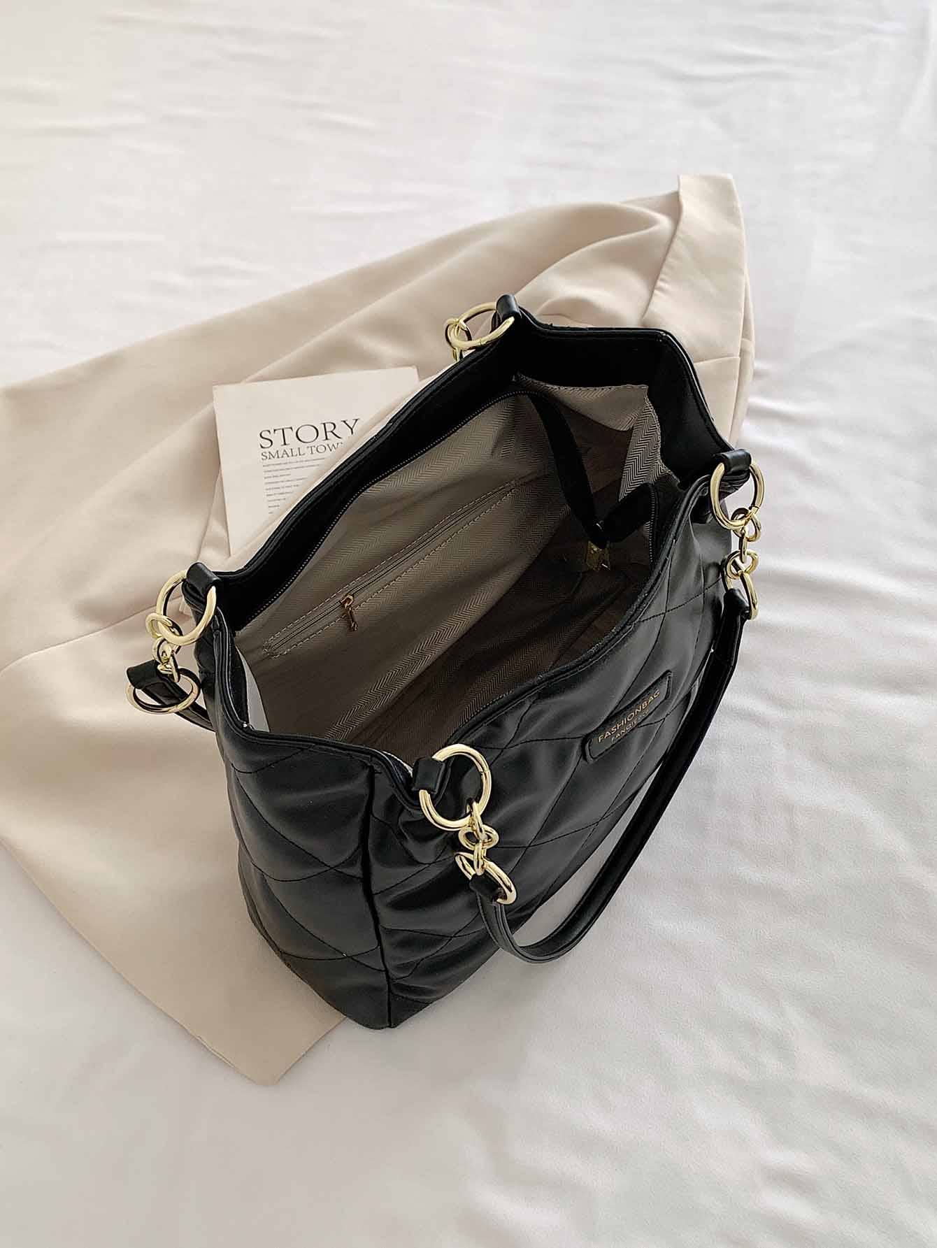 Túi Tote Đeo Vai Họa Tiết Chần Bông Hình Chữ Cái, Túi Công Sở Bắt Mắt Dành Cho Phụ Nữ - màu đen - Xem 3