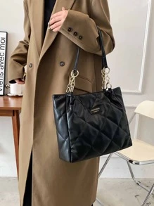 Quilted Pattern Letter Patch Shoulder Tote Bag, Eye-Catching Work Bags For Women - Black - View 5