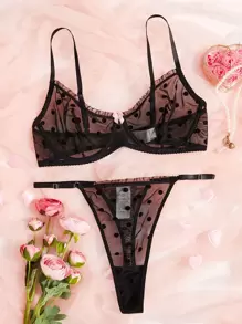 Classic Sexy Set de lencería de lunares de malla con aro - Negro - Ver 1