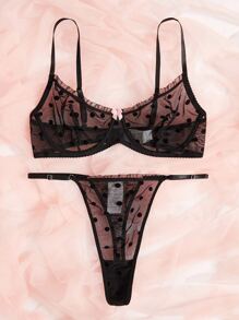 Classic Sexy Set de lencería de lunares de malla con aro - Negro - Ver 3