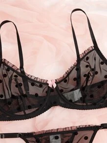 Classic Sexy Set de lencería de lunares de malla con aro - Negro - Ver 5