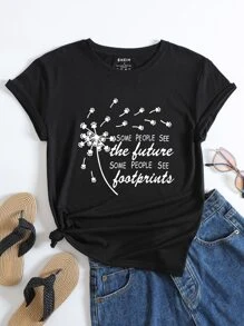 SHEIN LUNE Dandelion And Slogan Graphic Tee - Black - View 1