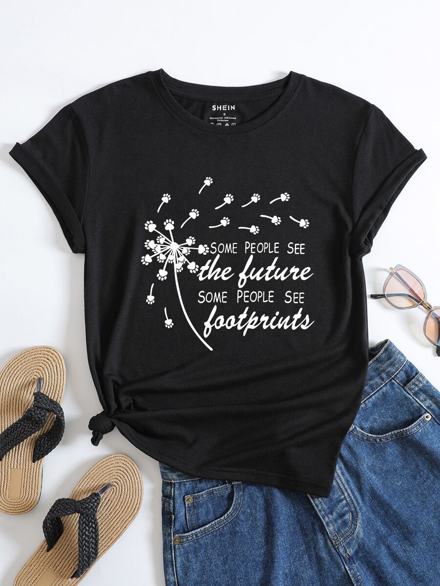 SHEIN LUNE Dandelion And Slogan Graphic Tee - Black - View 1