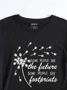 SHEIN LUNE Dandelion And Slogan Graphic Tee - Black - View 3
