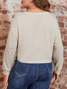 SHEIN LUNE Sudadera crop unicolor de hombros caídos con abertura delantera - Beis - Ver 2