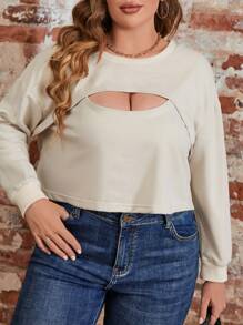 SHEIN LUNE Sudadera crop unicolor de hombros caídos con abertura delantera - Beis - Ver 5