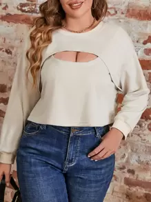 SHEIN LUNE Sudadera crop unicolor de hombros caídos con abertura delantera - Beis - Ver 6