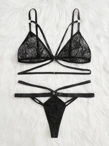 Plus Floral Lace Ring Linked Lingerie Set - Black - View 5
