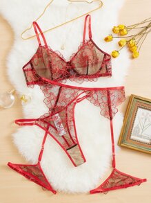 Set de lencería de malla con bordado con aro con liga - Rojo - Ver 1