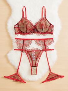 Set de lencería de malla con bordado con aro con liga - Rojo - Ver 3