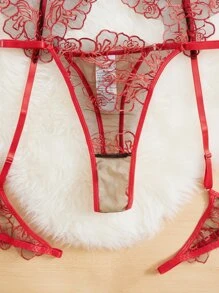 Set de lencería de malla con bordado con aro con liga - Rojo - Ver 4