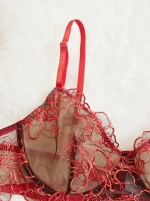 Set de lencería de malla con bordado con aro con liga - Rojo - Ver 5