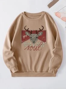 SHEIN EZwear Elk And Letter Graphic Thermal Lined Sweatshirt - Khaki - View 1