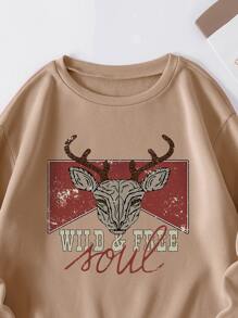 SHEIN EZwear Elk And Letter Graphic Thermal Lined Sweatshirt - Khaki - View 3