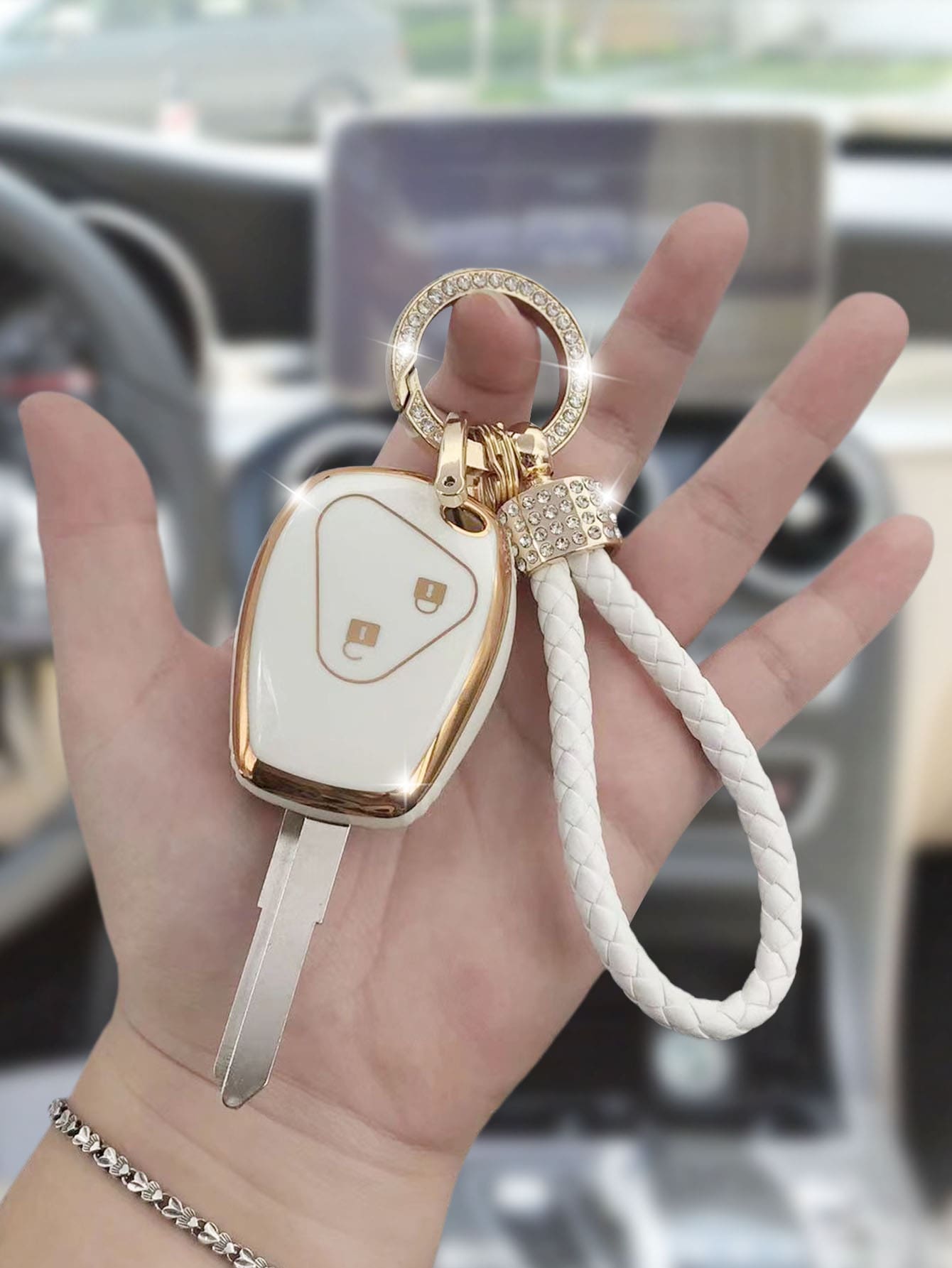 1set Rhinestone Decor Keychain & Car Key Case Compatible With Renault, Key Fob Cover - White - View 1