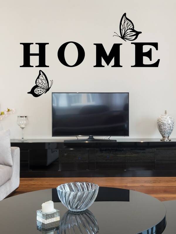 1pc Butterfly & Letter Graphic Wall Sticker, Black Self Adhesive Wall