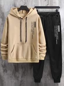 Manfinity Homme Men Slogan Graphic Kangaroo Pocket Drawstring Thermal Hoodie & Joggers - Multicolor - View 1