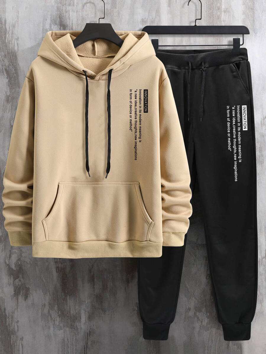 Manfinity Homme Men Slogan Graphic Kangaroo Pocket Drawstring Thermal Hoodie & Joggers - Multicolor - View 1