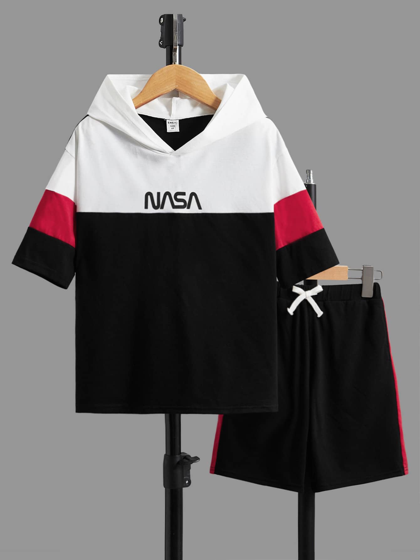 SHEIN Boys Letter Graphic Colourblock Hooded Tee & Shorts - Multicolor - View 1