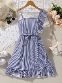 Chicas Vestido bajo cruzado de rayas de cuello asimétrico ribete con fruncido - Azul y blanco - Ver 1
