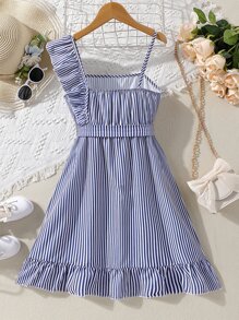 Chicas Vestido bajo cruzado de rayas de cuello asimétrico ribete con fruncido - Azul y blanco - Ver 2