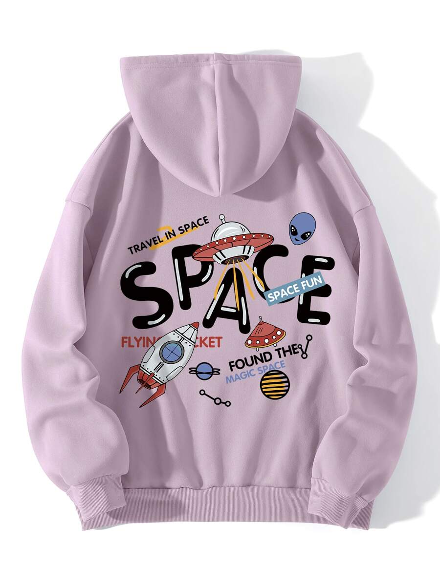 SHEIN EZwear Alien And Letter Graphic Drawstring Thermal Lined Hoodie - Lilac Purple - View 1