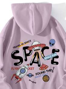 SHEIN EZwear Alien And Letter Graphic Drawstring Thermal Lined Hoodie - Lilac Purple - View 3