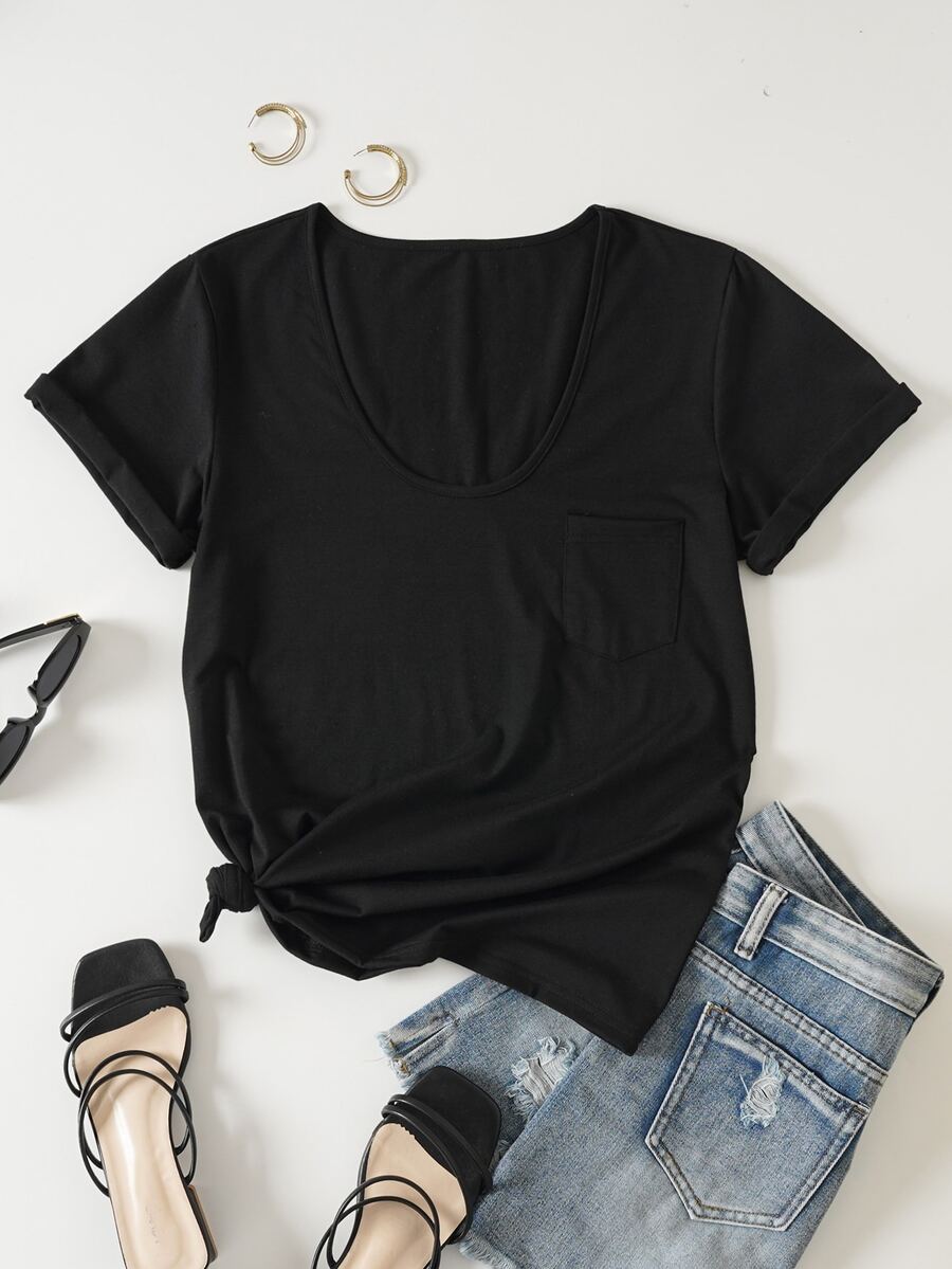 SHEIN LUNE Solid Pocket Patched Tee - Black - View 1