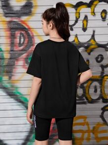 SHEIN Explorewe Teen Girls Butterfly & Letter Graphic Tee & Cycling Shorts - Black - View 2