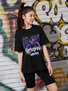 SHEIN Explorewe Teen Girls Butterfly & Letter Graphic Tee & Cycling Shorts - Black - View 3