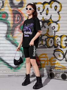 SHEIN Explorewe Teen Girls Butterfly & Letter Graphic Tee & Cycling Shorts - Black - View 4