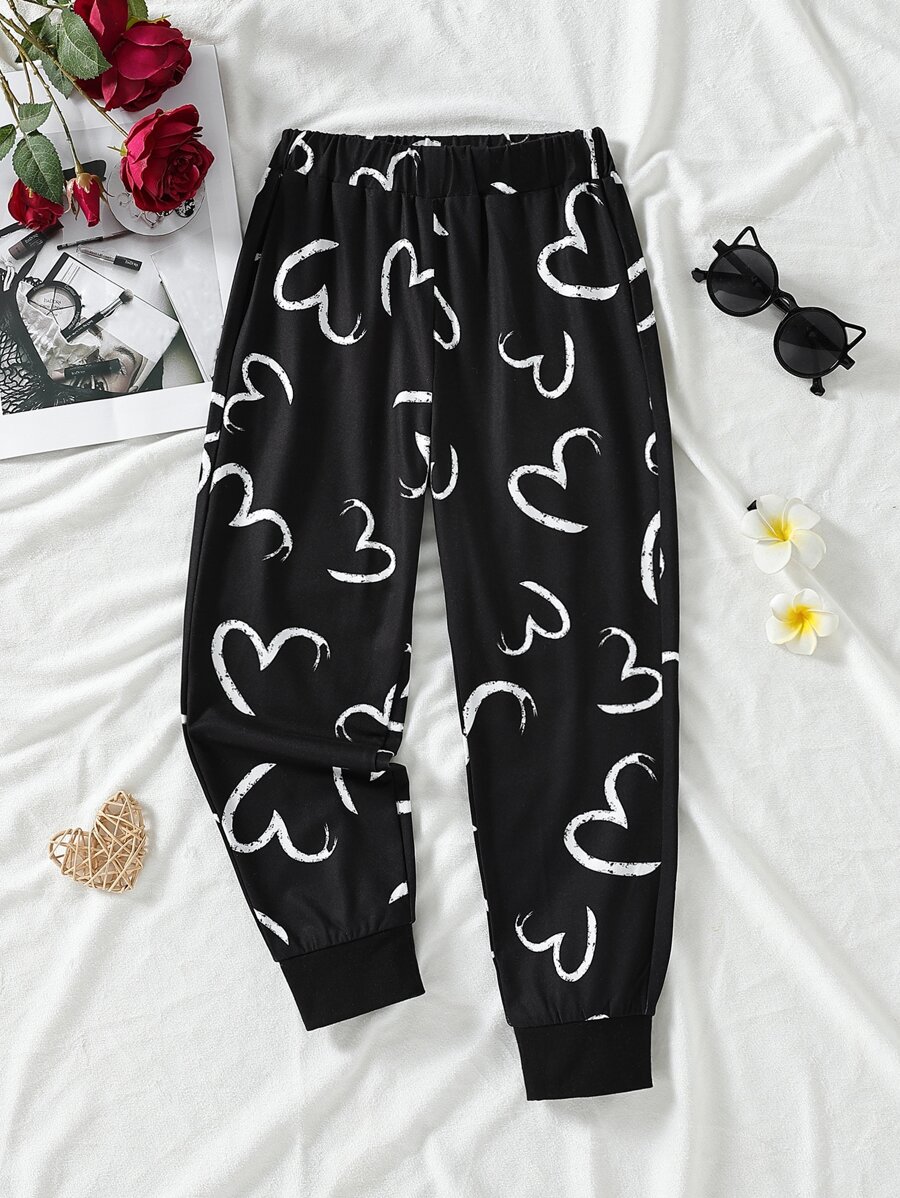 Toddler Girls Heart Print Joggers - Black - View 1
